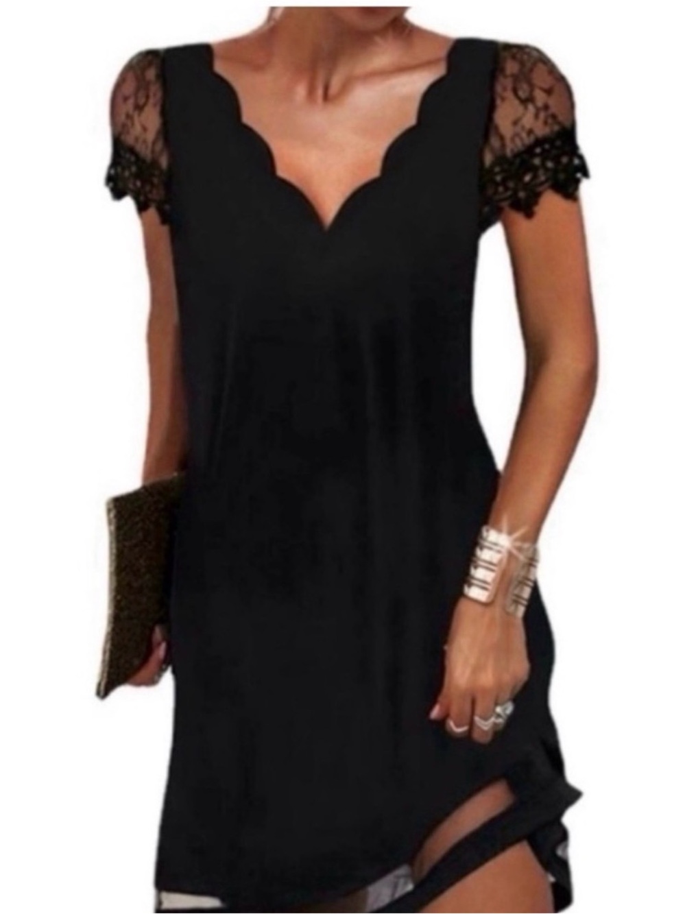 Black Scallop Lace Sleeve Shift Dress